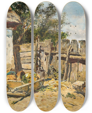 Triptych art skateboard deck of Anton Schrdl A Rustic Garden by Anton Schrodl (1820-1906)