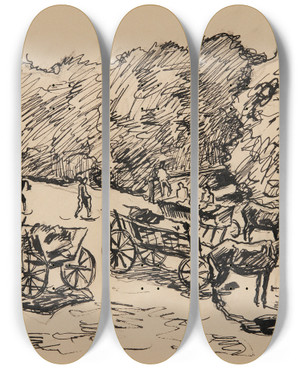 Triptych art skateboard deck of Ivan Ivanec Scena Rodzajowa by Ivan Ivanec (1893-1946)
