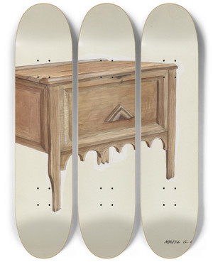Triptych art skateboard deck of Majel G Claflin Chest by Majel G Claflin (1893-1941)
