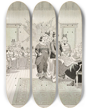 Triptych art skateboard deck of Samuel Ehrhart Signing The Declaration Of Their Independence by Samuel Ehrhart (1862-1937)