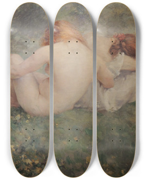 Triptych art skateboard deck of Alfred Philippe Roll Bathers by Alfred Philippe Roll (1846-1919)