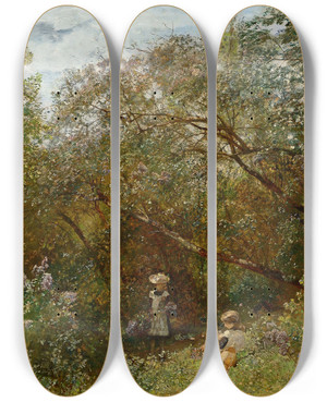 Triptych art skateboard deck of Emil Jakob Schindler Parklandschaft In Plankenberg by Emil Jakob Schindler (1842-1892)