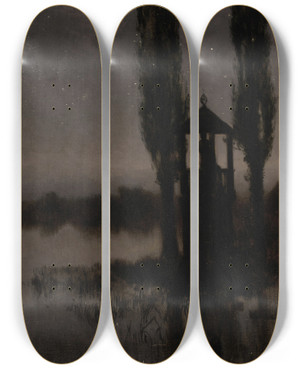 Triptych art skateboard deck of Jzef Rapacki Nocturnal Marshland by Jozef Rapacki (1871-1929)