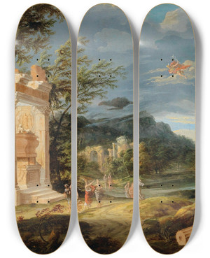 Triptych art skateboard deck of French School Stormy Landscape With Figures And Hermes by French School (16-19-)
