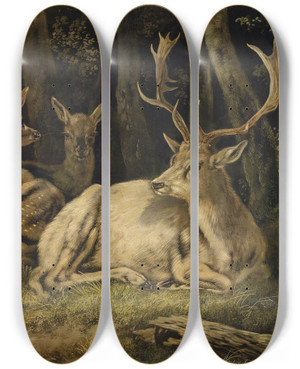 Triptych art skateboard deck of August Schleich Dammwild by August Schleich (1814-1865)