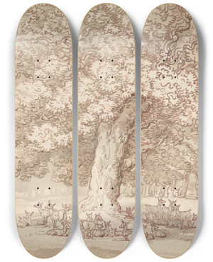 Triptych art skateboard deck of Thomas Rowlandson Herd Of Deer Under An Oak Tree by Thomas Rowlandson (1756-1827)