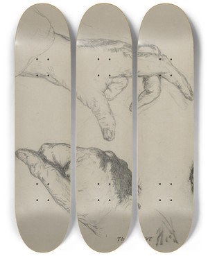 Triptych art skateboard deck of Thodule Ribot Study Of Hands Recto by Theodule Ribot (1823-1891)