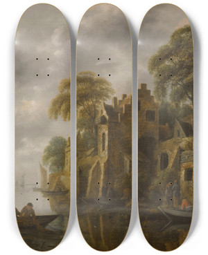 Triptych art skateboard deck of Nicolaes Molenaer A River Landscape With Fishermen Loading Their Nets Beside A Town by Nicolaes Molenaer (1626-1676)