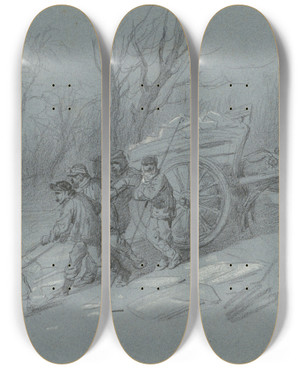Triptych art skateboard deck of Hippolyte Lalaisse Workmen Gathering Ice At The Waters Edge by Hippolyte Lalaisse (1810-1884)