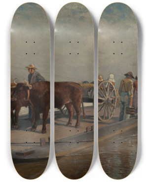 Triptych art skateboard deck of Thomas Corwin Lindsay Barge Crossing by Thomas Corwin Lindsay (1839-1907)