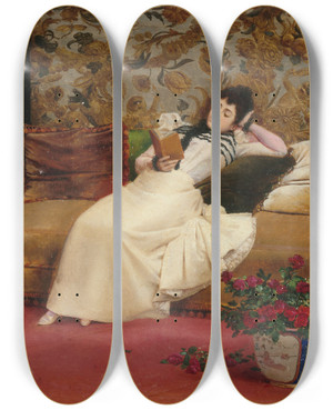 Triptych art skateboard deck of Georges Croegaert La Lecture by Georges Croegaert (1848-1923)