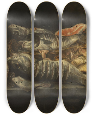 Triptych art skateboard deck of Abraham Van Beijeren Still Life With Fish And Crustaceans On A Table_2 by Abraham Van Beyeren (1620-1690)