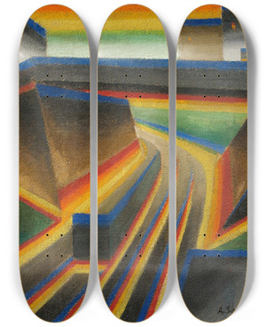 Triptych art skateboard deck of Arthur Segal Bahndamm by Arthur Segal (1875-1944)