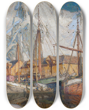 Triptych art skateboard deck of Anna Boberg The Harbour At Svolvaer Lofoten by Anna Boberg (1864-1935)