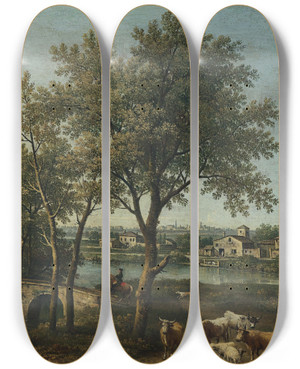 Triptych art skateboard deck of Giovanni Battista Cimaroli Paesaggio Fluviale Con Pastore E Gregge by Giovanni Battista Cimaroli (1687-1771)