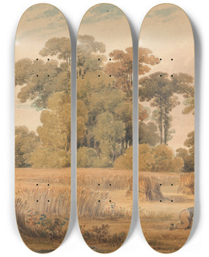 Triptych art skateboard deck of Paul Sandby Munn A Cornfield by Paul Sandby Munn (1773-1845)