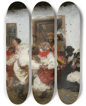 Triptych art skateboard deck of Teodor Axentowicz Ukrainian Folk Dance by Teodor Axentowicz (1859-1938)