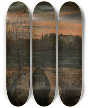 Triptych art skateboard deck of Hans Thoma Einsamer Kahn by Hans Thoma (1839-1924)