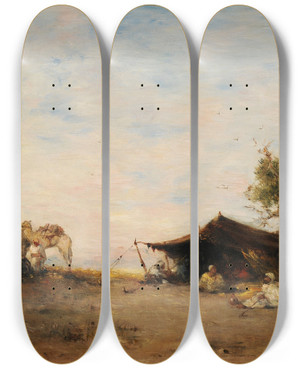 Triptych art skateboard deck of Narcisse Berchre Un Gourbi by Narcisse Berchere (1819-1891)