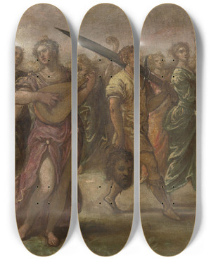 Triptych art skateboard deck of Andrea Del Michieli David And Goliath by Andrea Del Michieli (1542-1617)