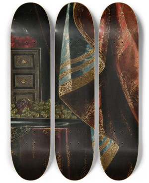 Triptych art skateboard deck of Carlo Manieri Still Life Of A Chest Fruit And Other Objects On A Brocade Draped Table by Carlo Manieri (1662-1700)