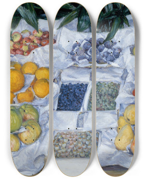 Triptych art skateboard deck of Gustave Caillebotte Fruit Displayed On A Stand by Gustave Caillebotte (1848-1894)