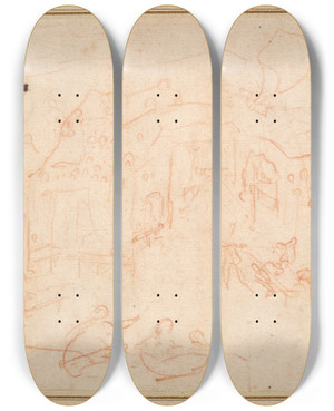 Triptych art skateboard deck of Jacques Callot A Stage Set by Jacques Callot (1592-1635)