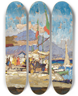 Triptych art skateboard deck of Konstantin Ivanovich Gorbatov View Of Naples by Konstantin Ivanovich Gorbatov (1876-1945)