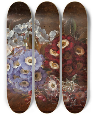 Triptych art skateboard deck of Johan Laurentz Jensen Still Life With Primroses On A Marble Ledge by Johan Laurentz Jensen 2 (1800-1856)