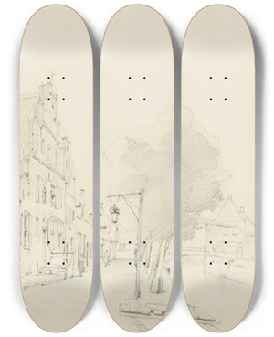 Triptych art skateboard deck of Cornelis Springer Gezicht Op De Gracht Te Hasselt_2 by Cornelis Springer (1817-1891)