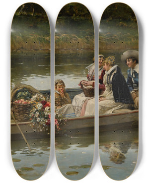 Triptych art skateboard deck of Adrien Moreau Return From Market by Adrien Moreau (1843-1906)