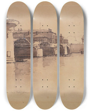 Triptych art skateboard deck of Eugne Bjot Dmolition Du Pont Notredame by Eugene Bejot (1867-1931)