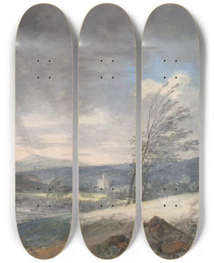 Triptych art skateboard deck of Louis Gabriel Moreau Windswept Landscape by Louis Gabriel Moreau (1740-1806)