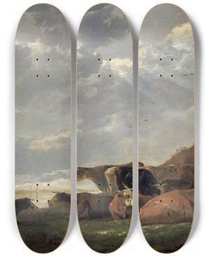 Triptych art skateboard deck of Aelbert Cuyp River Landscape With Cows_1 by Aelbert Cuyp (1620-1691)