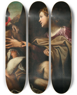 Triptych art skateboard deck of Alessandro Tiarini Saint Benedict Supported By Angels by Alessandro Tiarini (1577-1668)