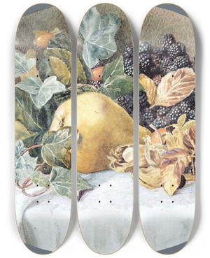 Triptych art skateboard deck of John William Hill Still Life With Fruit by John William Hill (1812-1879)