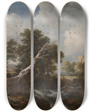 Triptych art skateboard deck of Jacob Van Ruisdael Low Waterfall In A Wooded Landscape With A Dead Beech Tree by Jacob Van Ruisdael (1628-1682)