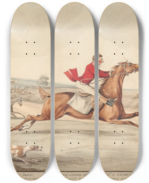 Triptych art skateboard deck of Henry Thomas Alken Qualified Horses And Unqualified Riders Going Along A Slapping Pace by Henry Thomas Alken (1785-1851)