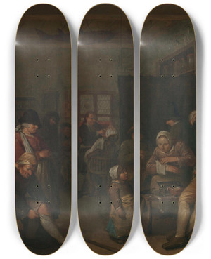 Triptych art skateboard deck of Egbert Van Heemskerck Chirurgijn En Barbier by Egbert Van Heemskerck (1634-1704)