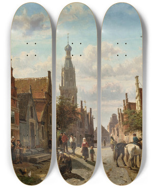 Triptych art skateboard deck of Cornelis Springer De Vijzelstraat Te Enkhuizen by Cornelis Springer (1817-1891)