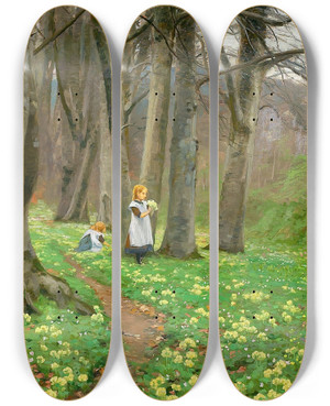 Triptych art skateboard deck of Hans Andersen Brendekilde To Piger Plukker Blomster I Forrsskov by Hans Andersen Brendekilde (1857-1942)