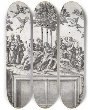 Triptych art skateboard deck of Marcantonio Raimondi Parnassus by Marcantonio Raimondi (1470-1527)