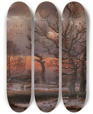 Triptych art skateboard deck of Johan Christian Dahl Danish Winter Landscape With Dolmen by Johan Christian Dahl (1788-1857)
