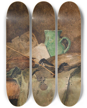 Triptych art skateboard deck of Fritz Rojka Stillleben Mit Krug Und Peife by Fritz Rojka (1878-1939)