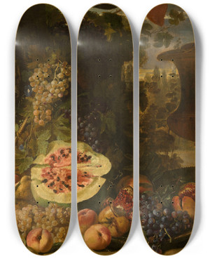 Triptych art skateboard deck of David De Coninck Still Life With Fruit by David De Coninck (1644-1701)