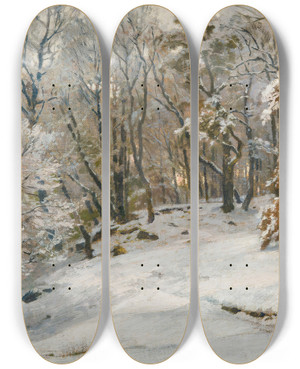 Triptych art skateboard deck of Hugo Darnaut A Winters Day by Hugo Darnaut (1850-1937)