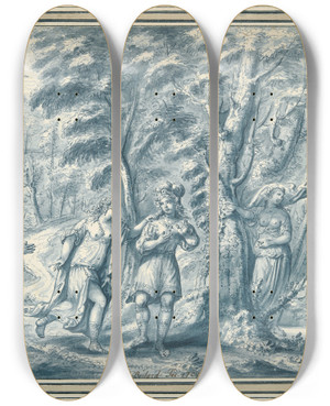 Triptych art skateboard deck of Francois Boitard Blind Mansbuff by Francois Boitard (1670-1715)