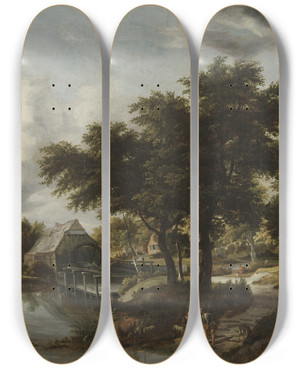 Triptych art skateboard deck of Meindert Hobbema Wooded Landscape With A Watermill_1 by Meindert Hobbema (1638-1709)
