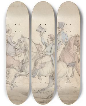 Triptych art skateboard deck of Henry Thomas Alken Morning Ride by Henry Thomas Alken (1785-1851)