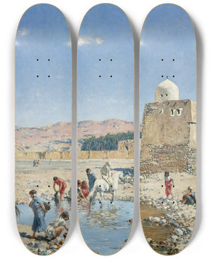 Triptych art skateboard deck of Victor Huguet A Loasis by Victor Huguet (1835-1902)
